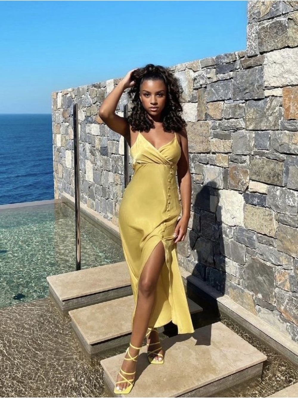 Zara Yellow Satin Wrap-Front Maxi Dress with High Slit